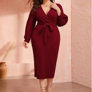 SHEIN Plus Plunging Neck Wrap Belted Pencil Dress